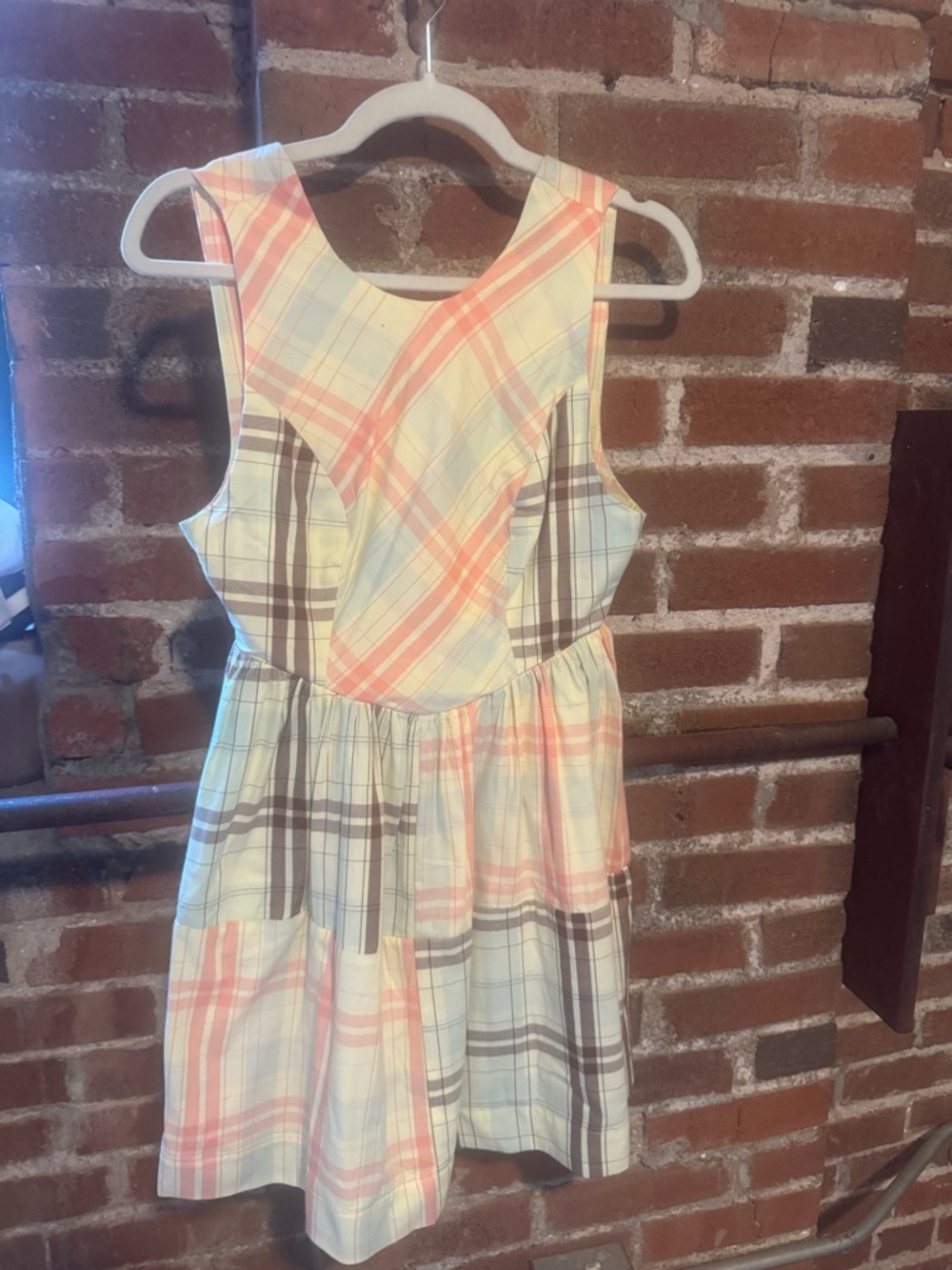 Anthropologie Plaid Sleeveless Mini Dress in Peach, Light Blue, Cream